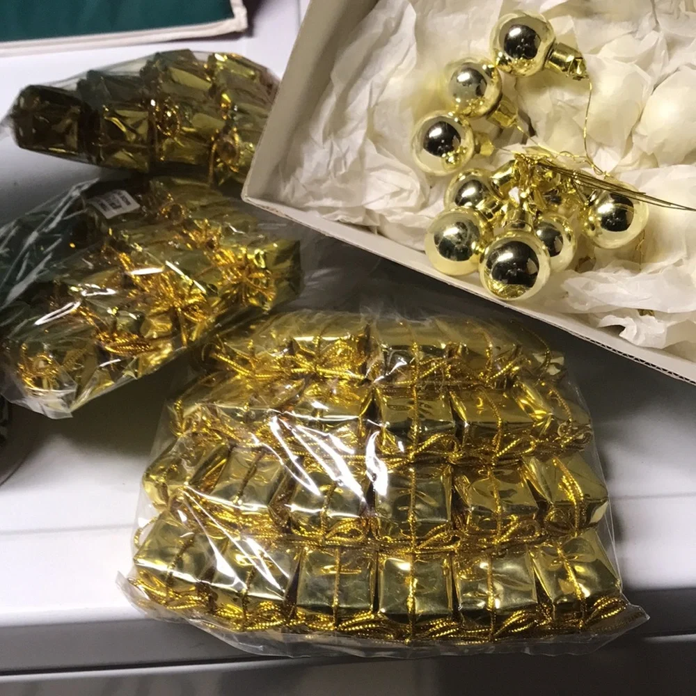Christmas ribbons foil packages glass balls